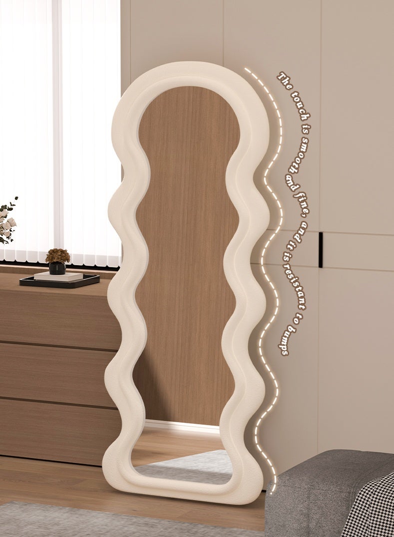 Double-Layer Wave Full Length Mirror, Cream Style Floor Mirror with Foldable Stand for Bedroom & Dressing Room, White - Image 2